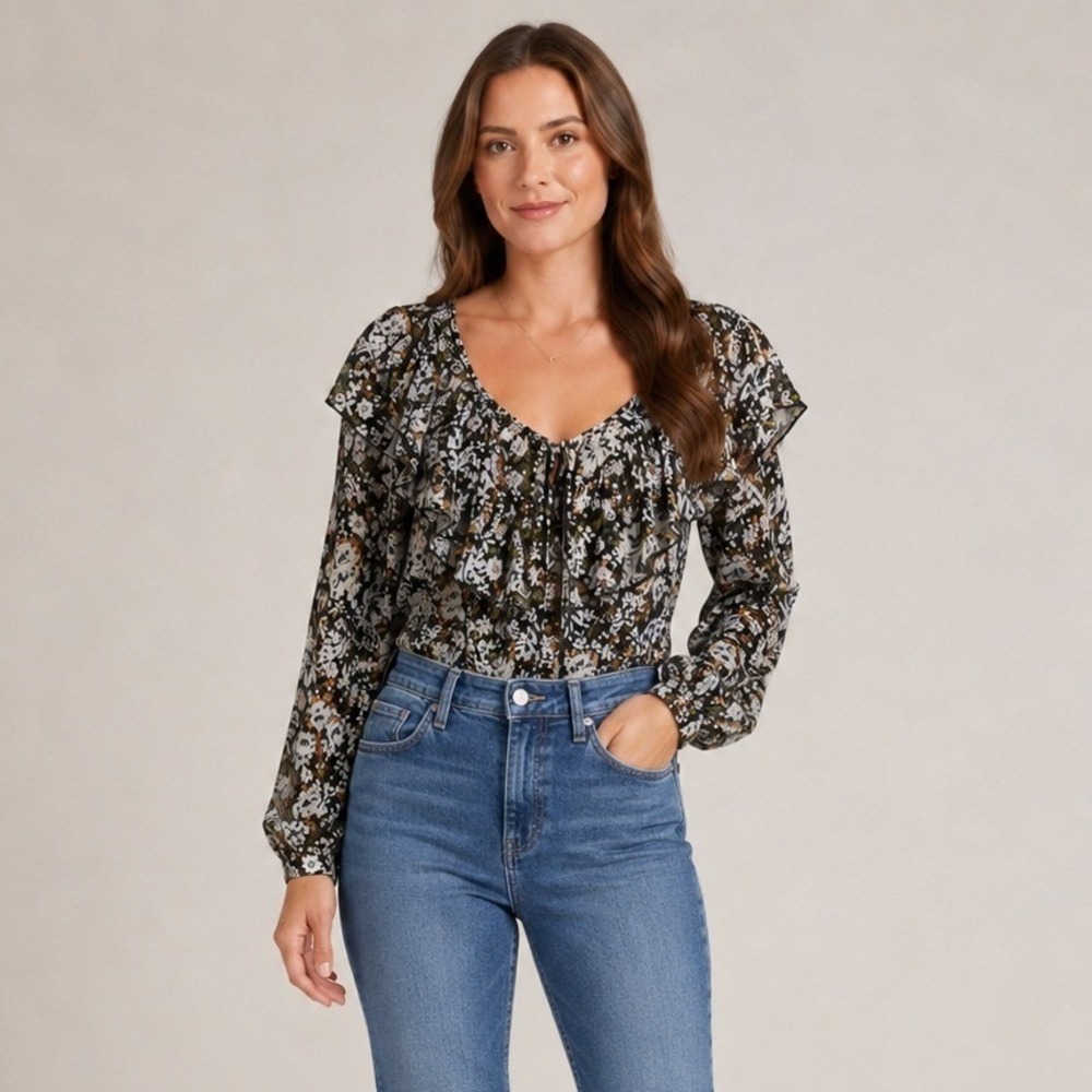 Intimately Free People Bodysuit Medium Black Floral Lace Ruffle Whimsigoth Bells